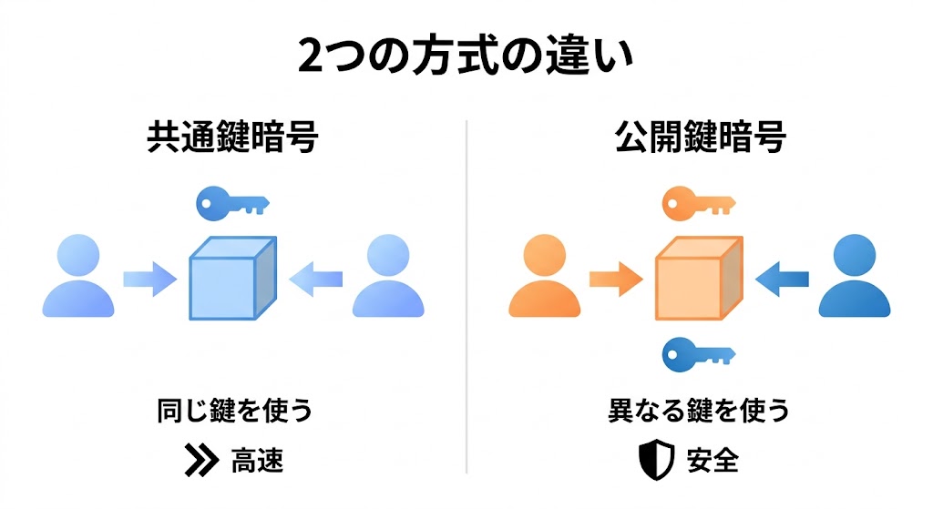 共通鍵暗号と公開鍵暗号の仕組みを比較した図解
