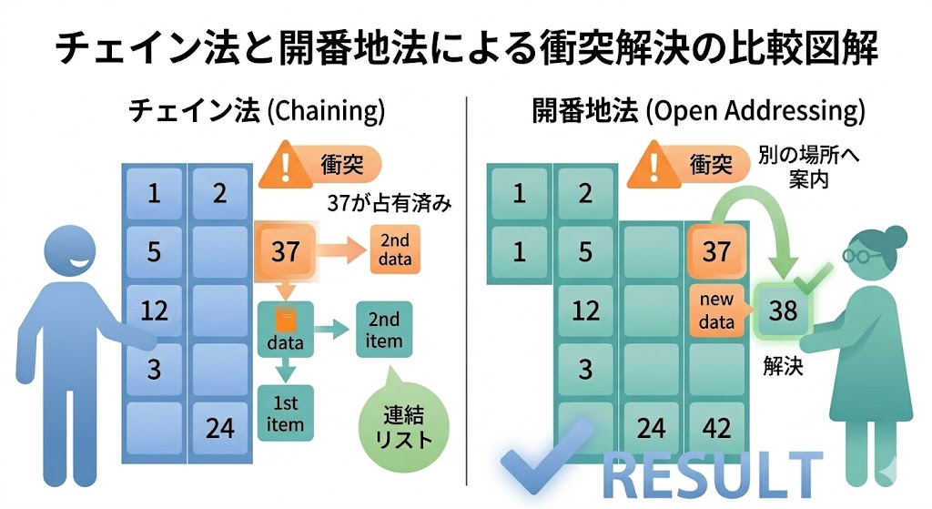 チェイン法と開番地法による衝突解決の比較図解
