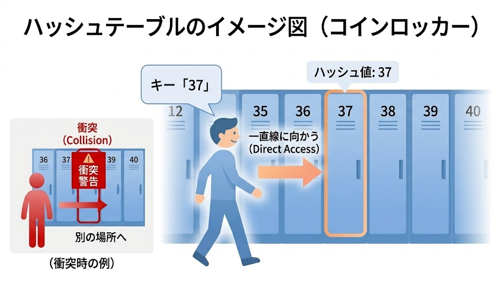 コインロッカー37番に一直線で向かうハッシュテーブルのイメージ図
