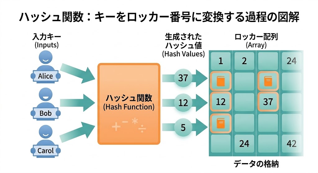 ハッシュ関数がキーをロッカー番号に変換する過程の図解

