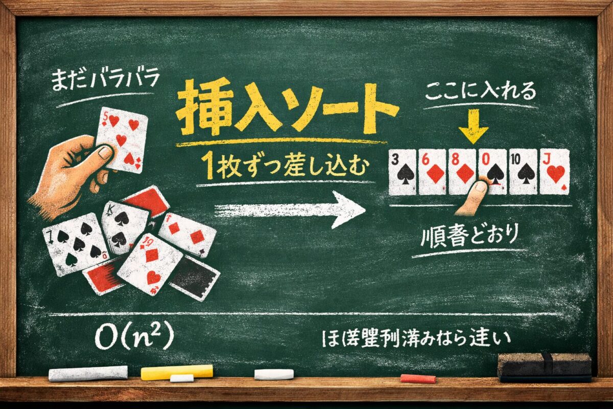 挿入ソートとは？トランプで理解するO(n²)と得意な場面