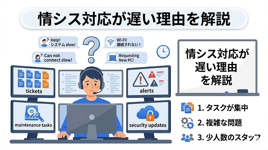 【alt属性案】情シス対応が遅い理由を解説するイラスト
