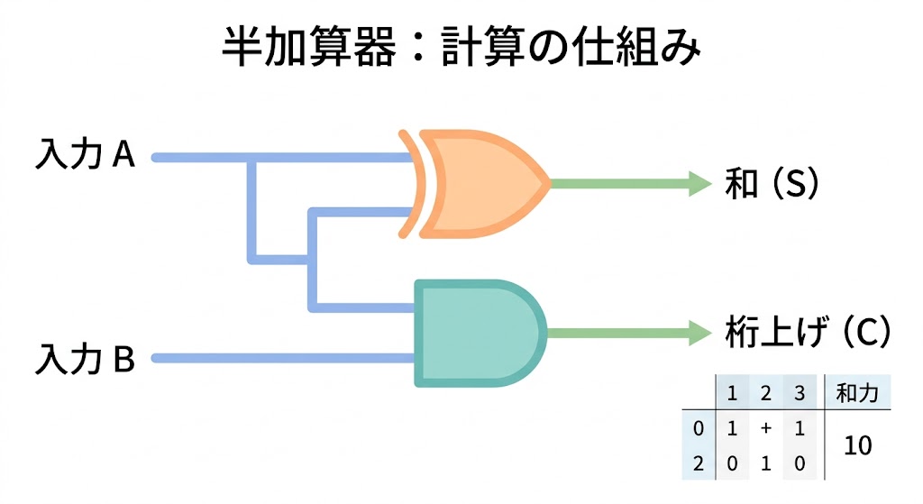 XORとANDを組み合わせた半加算器の回路図