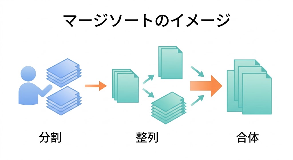 書類を分割して整列し合体させるマージソートのイメージ図
