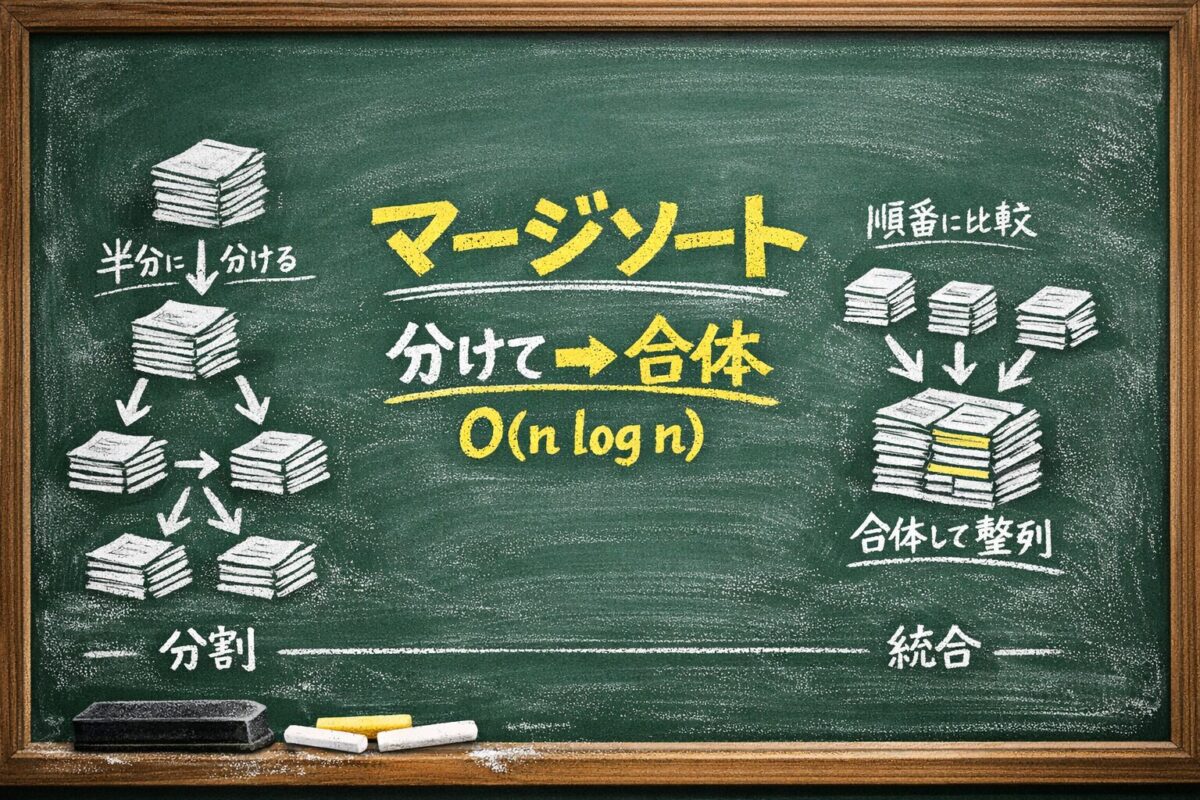 マージソートとは？書類を分けて合体で理解するO(n log n)