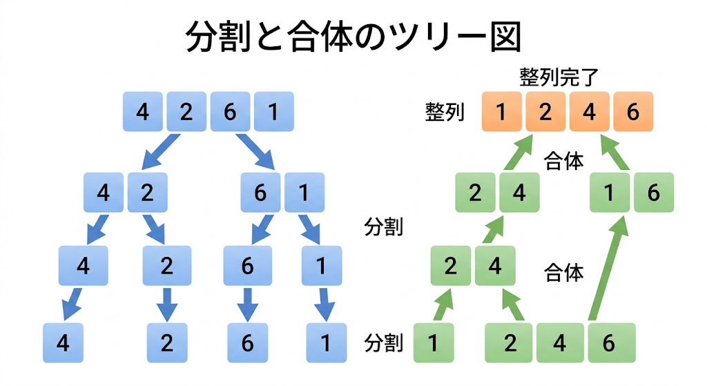 マージソートの分割と合体をツリー構造で示した図解
