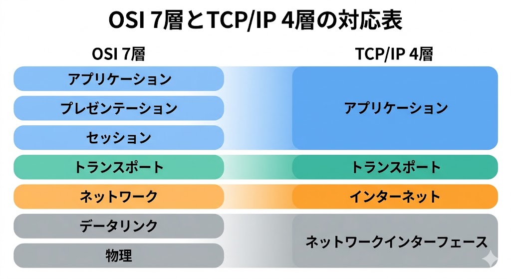 OSI参照モデル7層とTCP/IP4層モデルの対応を示した図
