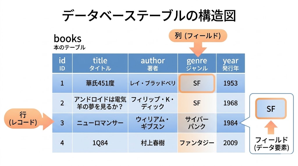 データベーステーブルの行・列・フィールドの構造図
