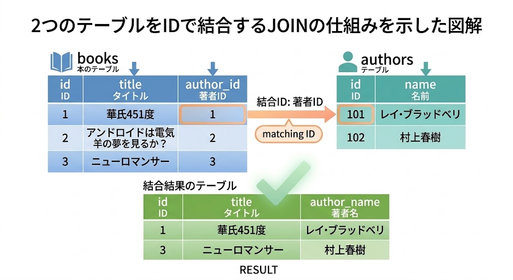 2つのテーブルをIDで結合するJOINの仕組みを示した図解
